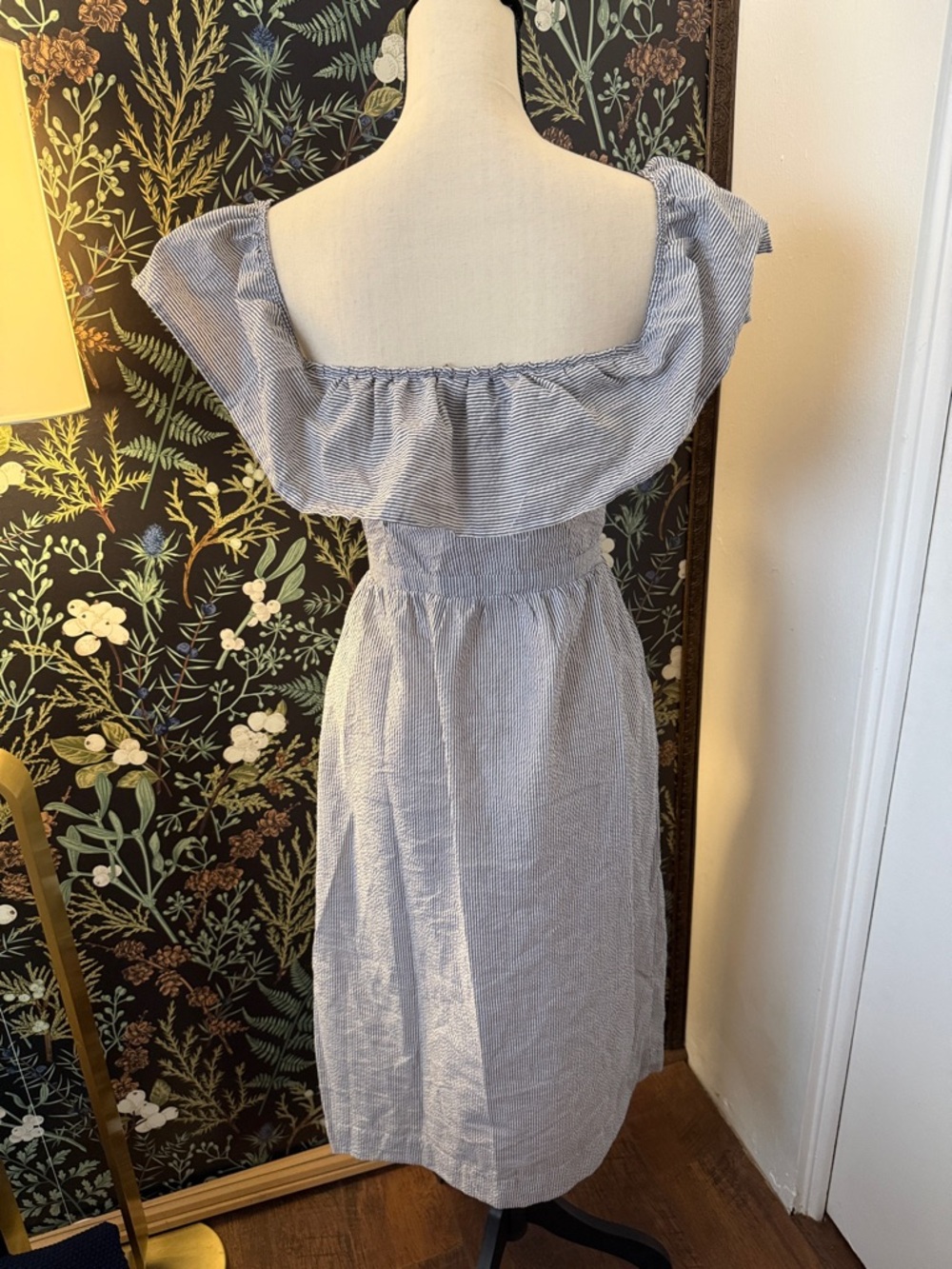 Striped Ruffle-Top Summer Dress in Light Gray and White - Picture 2 of 2